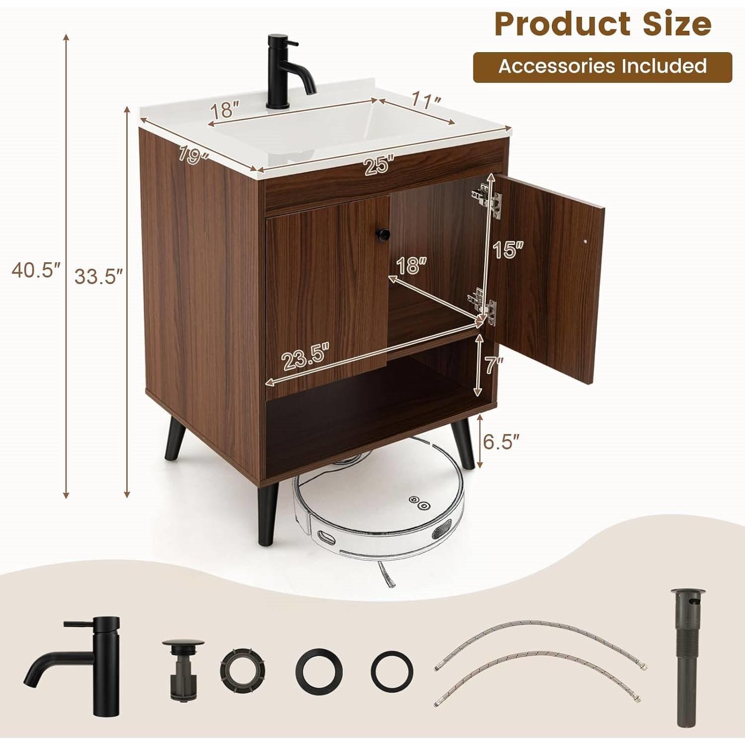 Mid-Century Modern Bathroom Vanity in Walnut Wood Finish with Sink - PRHOMZ