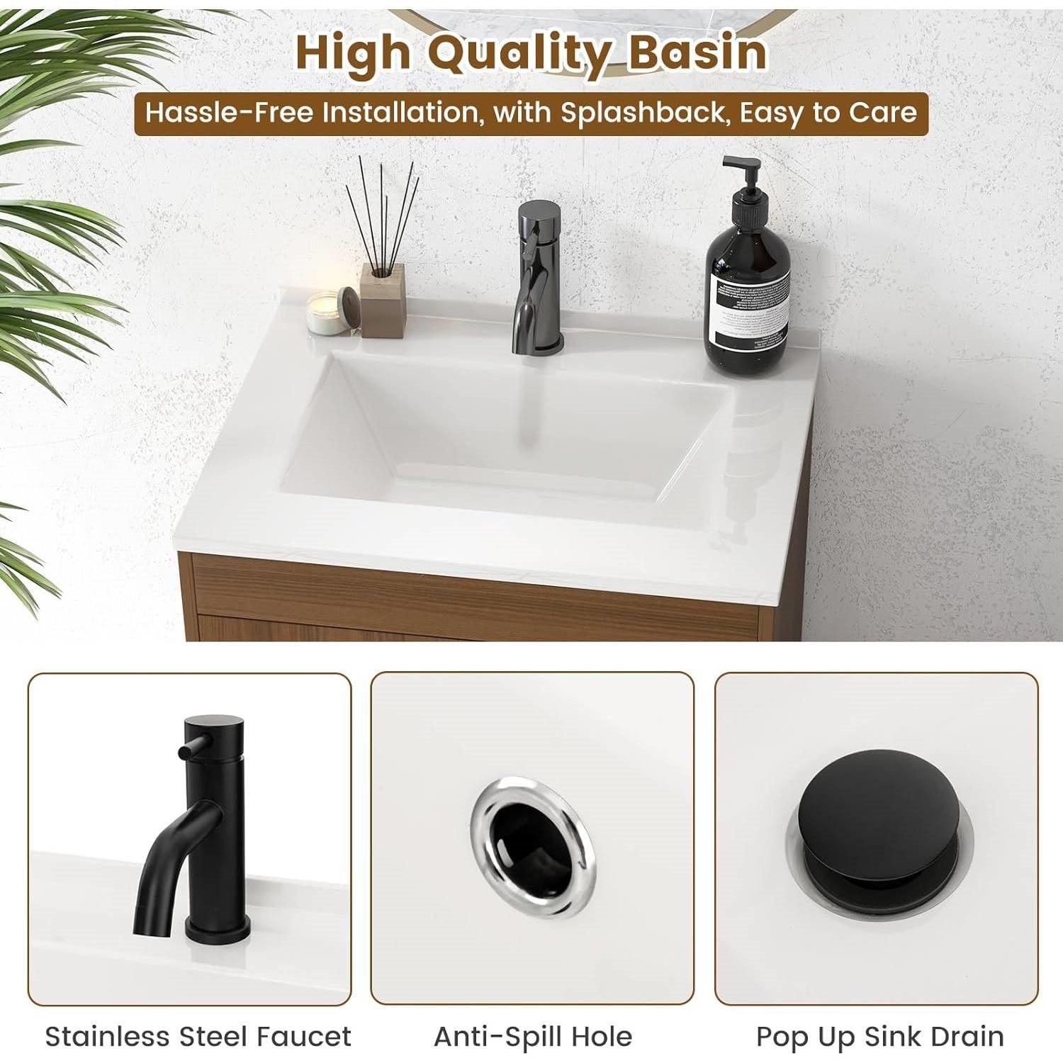 Mid-Century Modern Bathroom Vanity in Walnut Wood Finish with Sink - PRHOMZ