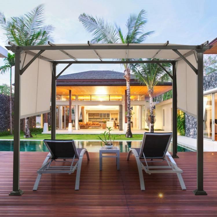 Modern 10 x 10 Ft Heavy Duty Metal Frame Pergola Gazebo with Beige Canopy - PRHOMZ