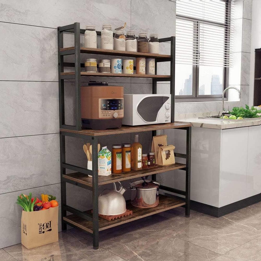Industrial Modern Kitchen Bakers Rack Brown Woodgrain Sturdy Metal Frame - PRHOMZ