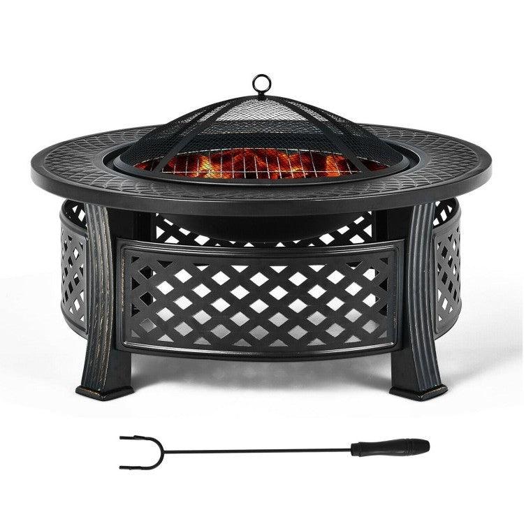Rustic Steel Outdoor Fire Pit with BBQ Grill with Poker and Mesh Cover - PRHOMZ