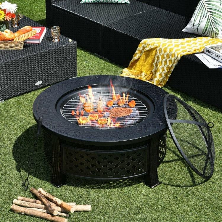 Rustic Steel Outdoor Fire Pit with BBQ Grill with Poker and Mesh Cover - PRHOMZ