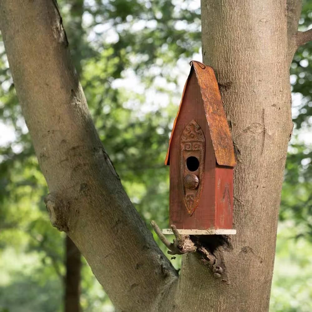 Outdoor Garden Rustic Brown Solid Wood and Iron Bird House - PRHOMZ