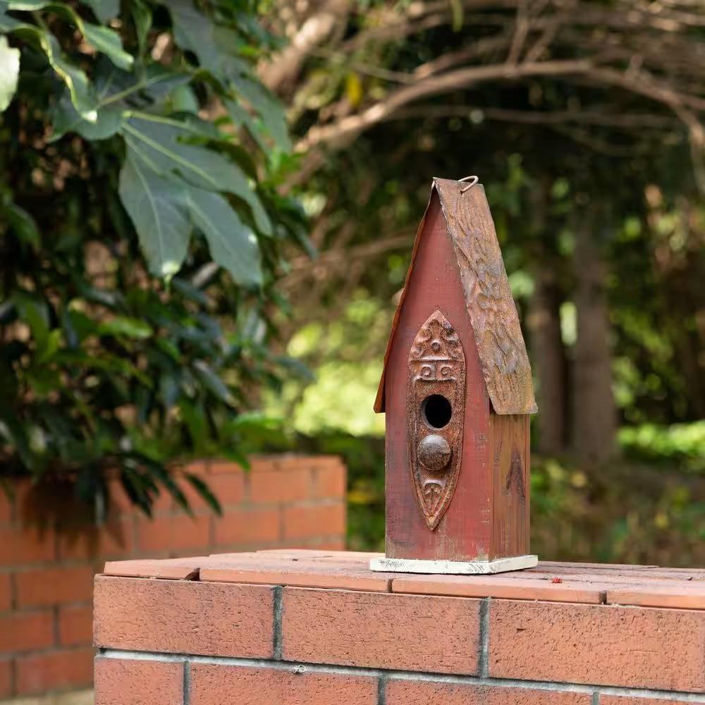 Outdoor Garden Rustic Brown Solid Wood and Iron Bird House - PRHOMZ