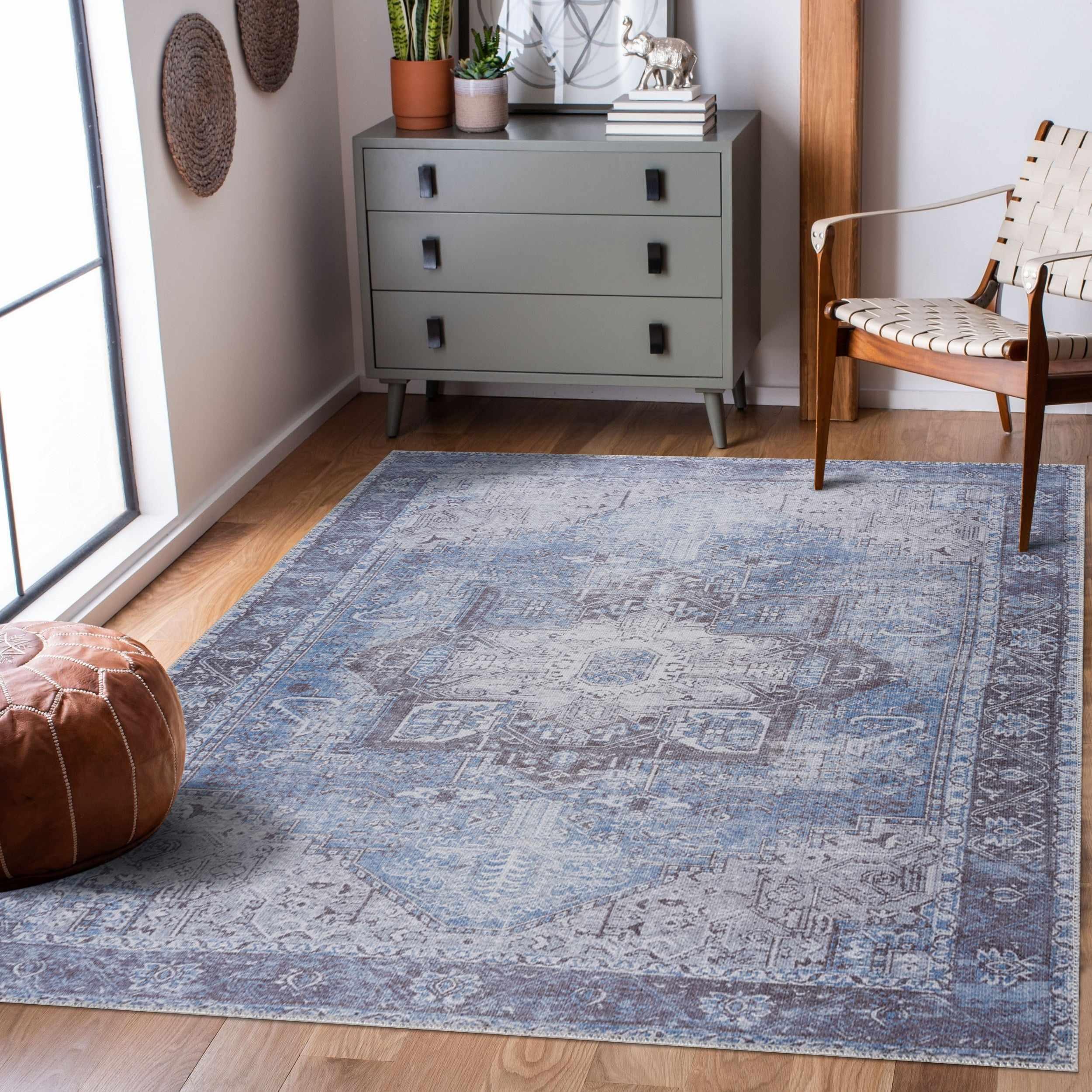 Rosman Ice Blue Washable Rug - PRHOMZ