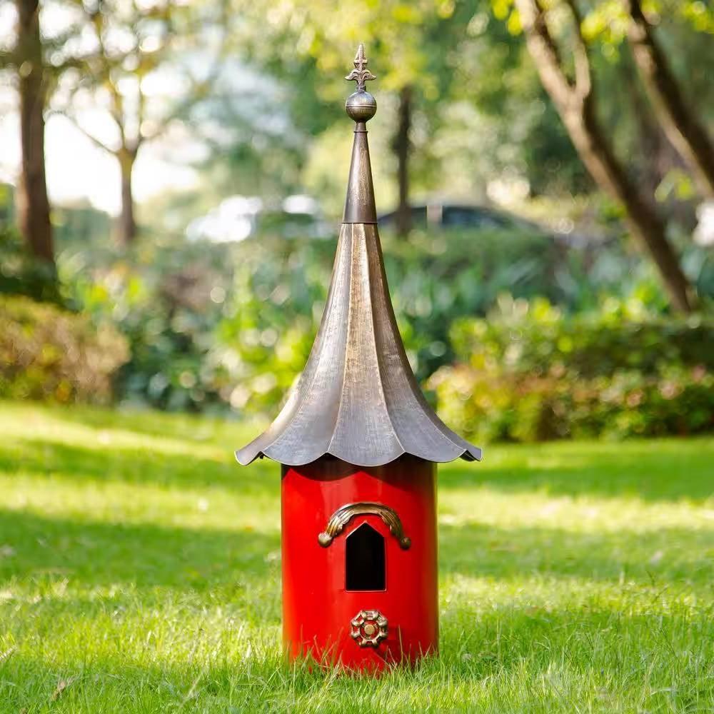 Red Metal Birdhouse with Copper Bronze Finish Gramophone Roof - PRHOMZ