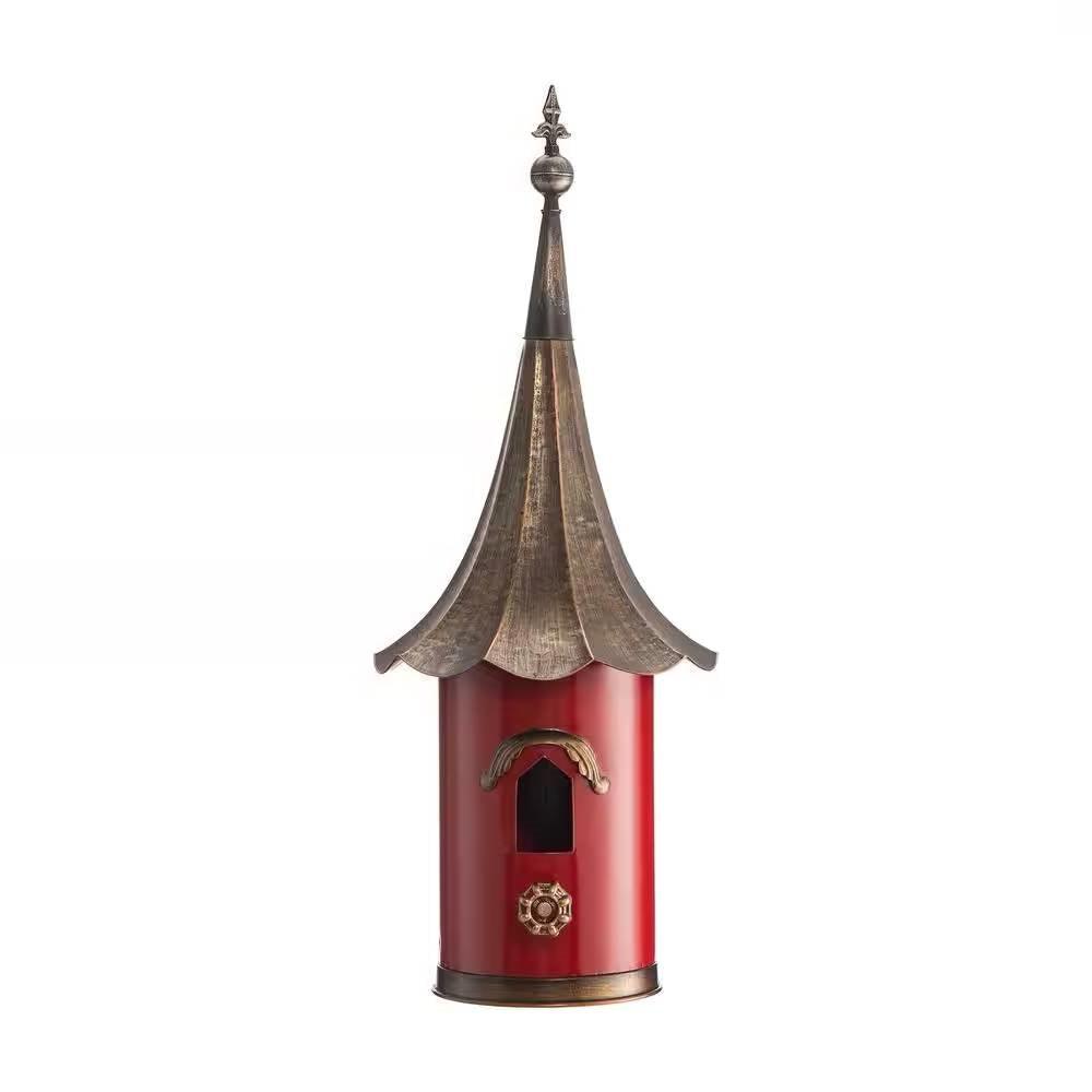 Red Metal Birdhouse with Copper Bronze Finish Gramophone Roof - PRHOMZ