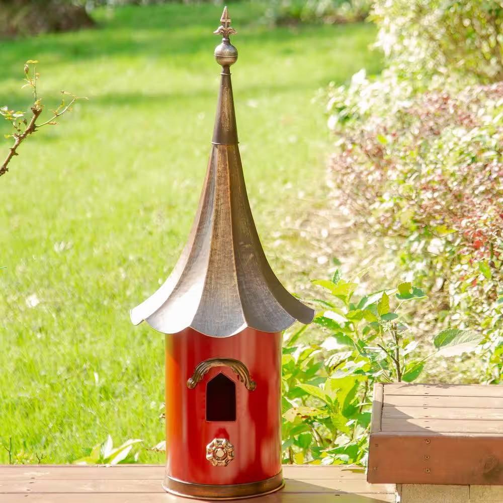 Red Metal Birdhouse with Copper Bronze Finish Gramophone Roof - PRHOMZ