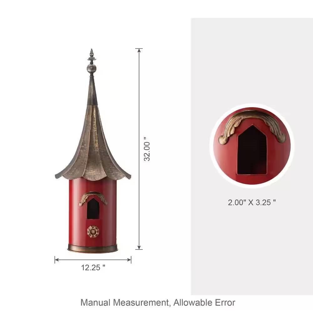 Red Metal Birdhouse with Copper Bronze Finish Gramophone Roof - PRHOMZ