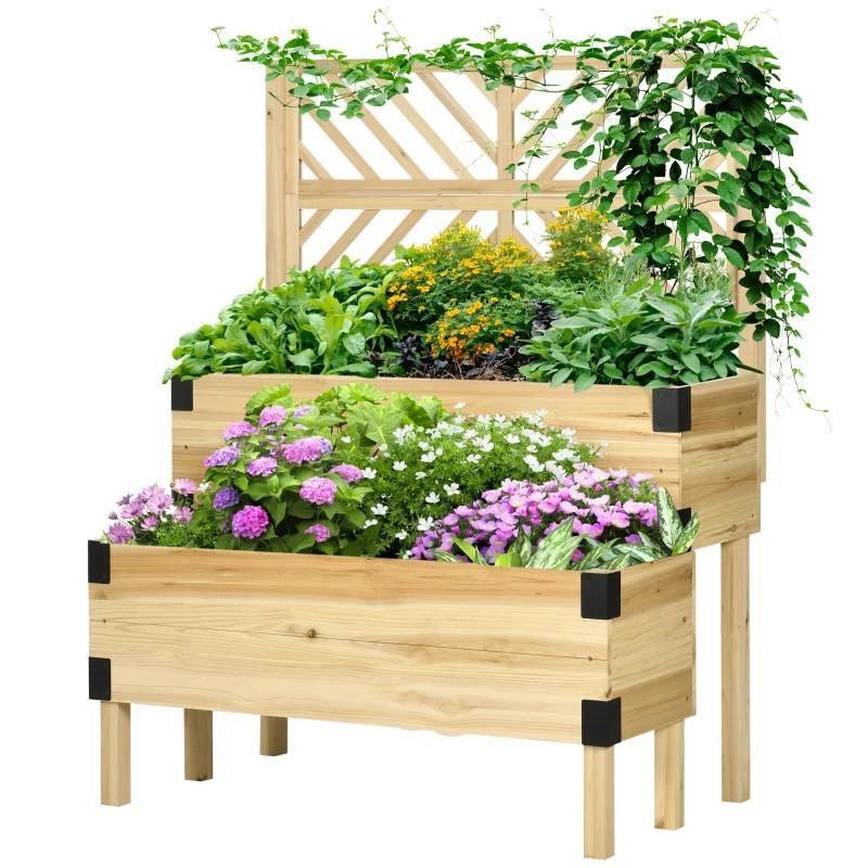 2 Tier Self Draining Natural Wood Raised Garden Bed Planter Box with Trellis - PRHOMZ