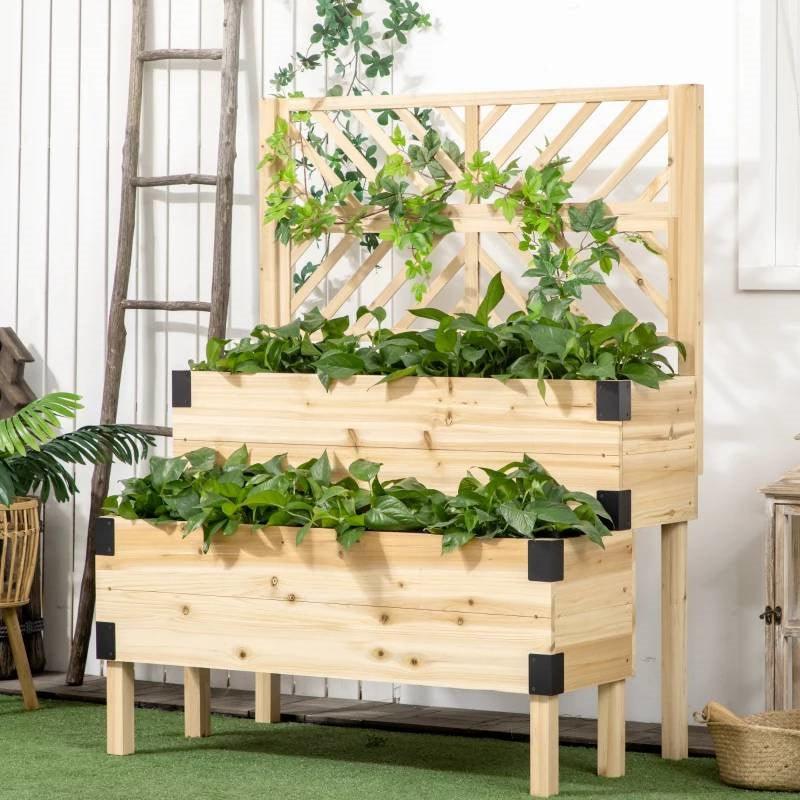 2 Tier Self Draining Natural Wood Raised Garden Bed Planter Box with Trellis - PRHOMZ