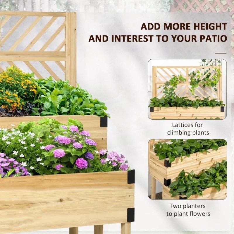 2 Tier Self Draining Natural Wood Raised Garden Bed Planter Box with Trellis - PRHOMZ