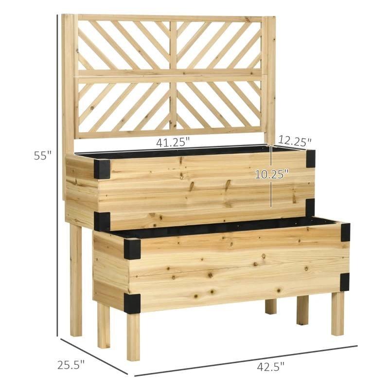 2 Tier Self Draining Natural Wood Raised Garden Bed Planter Box with Trellis - PRHOMZ