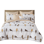 King size Yellow Brown Grey Floral Birds On Wire Lightweight 7 Piece Quilt Set - PRHOMZ