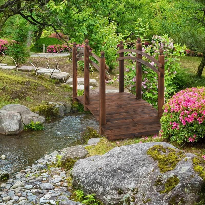 7.5 Ft Wooden Garden Bridge with Hand Rails in Carbonized Wood Finish - PRHOMZ
