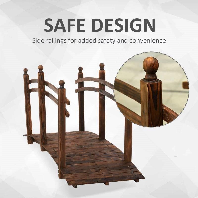 7.5 Ft Wooden Garden Bridge with Hand Rails in Carbonized Wood Finish - PRHOMZ