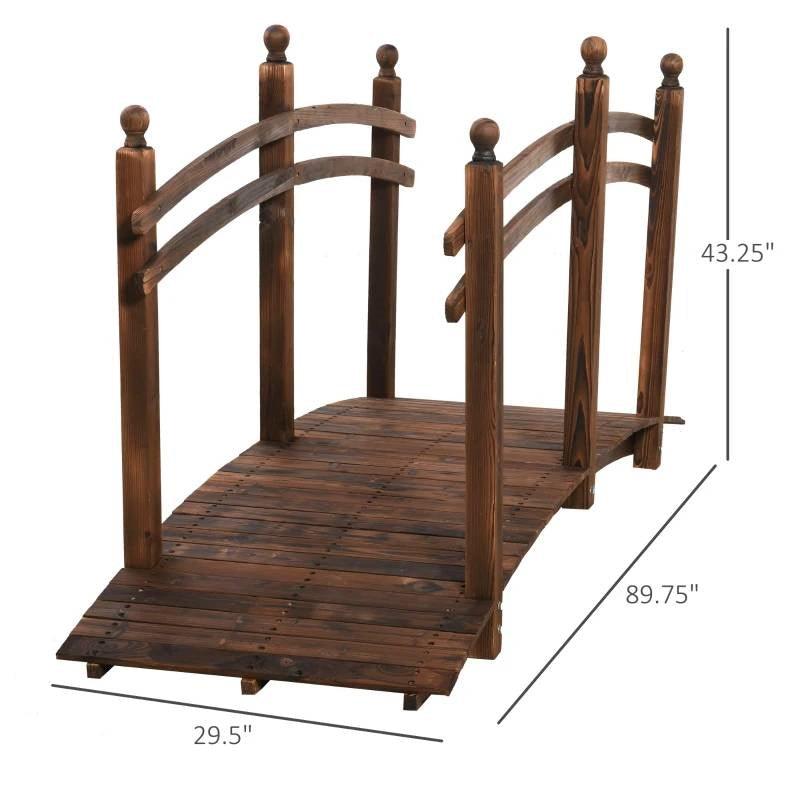 7.5 Ft Wooden Garden Bridge with Hand Rails in Carbonized Wood Finish - PRHOMZ