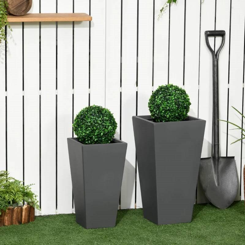 Set of 2 Modern Lightweight Outdoor Flower Pot Planters in Grey 22-in and 18-in - PRHOMZ