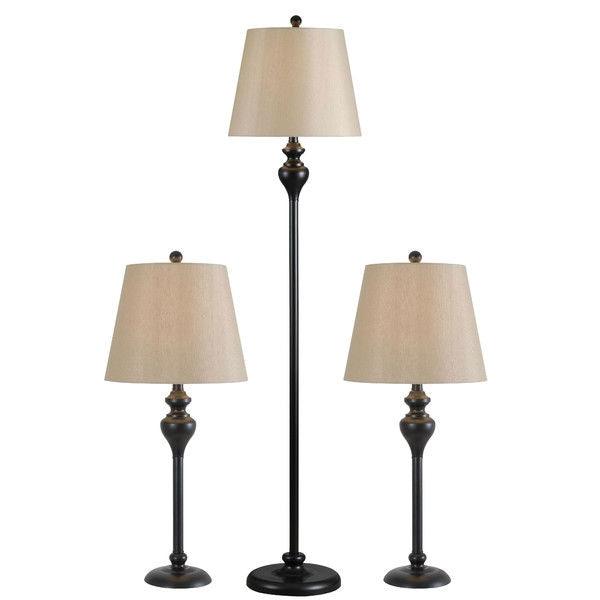 3-Piece Floor Lamp and Table Desk Lamp Set in Black with Light Gold Drum Shades - PRHOMZ