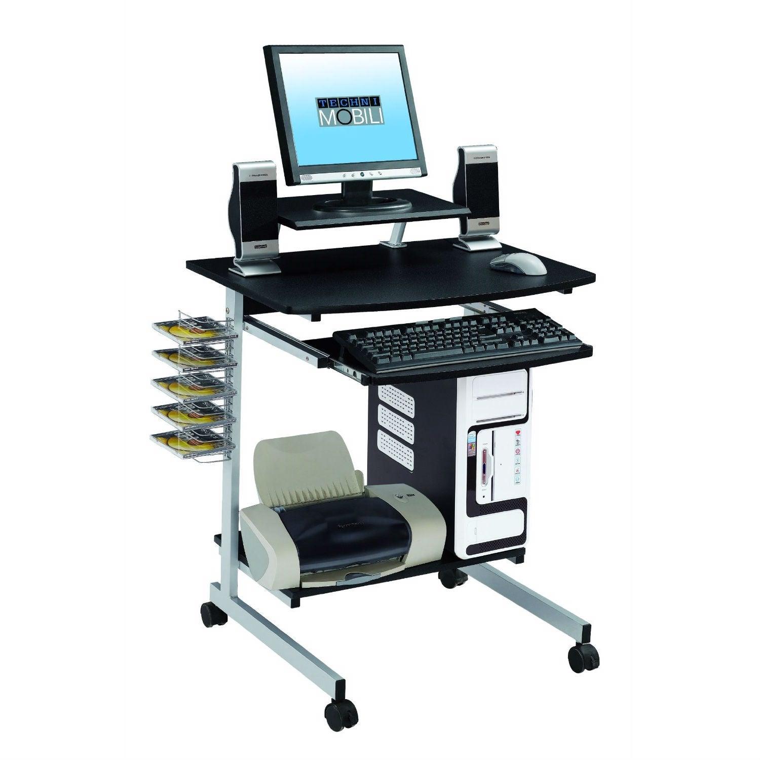 Mobile Compact Computer Cart Desk with Keyboard Tray - PRHOMZ