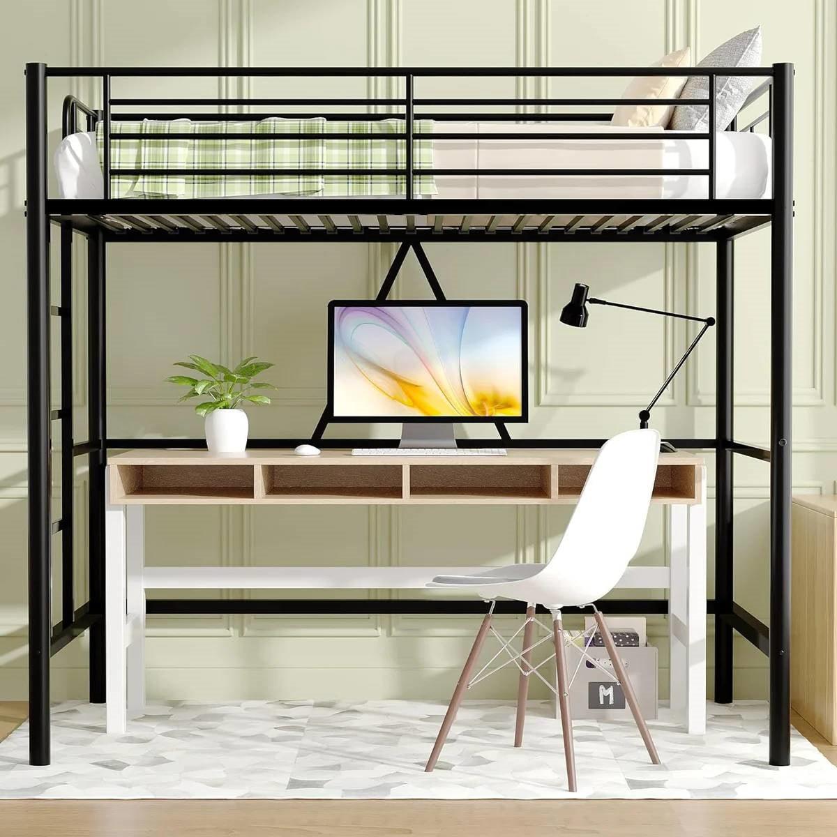 Twin size Black Metal Loft Bed Frame with Ladder - Space Saving Design-1