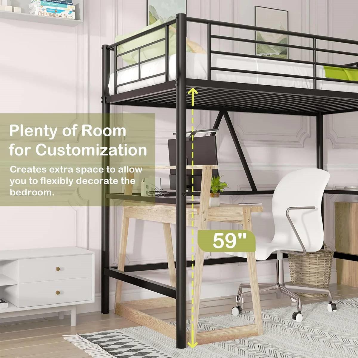 Twin size Black Metal Loft Bed Frame with Ladder - Space Saving Design-3