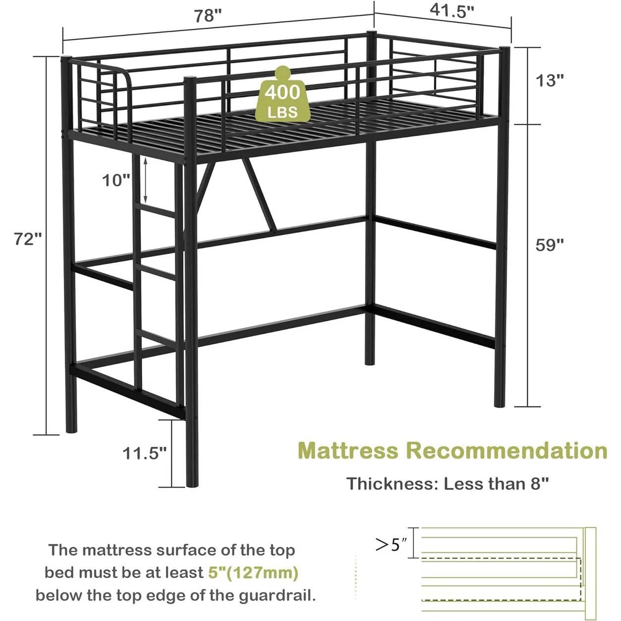 Twin size Black Metal Loft Bed Frame with Ladder - Space Saving Design-4