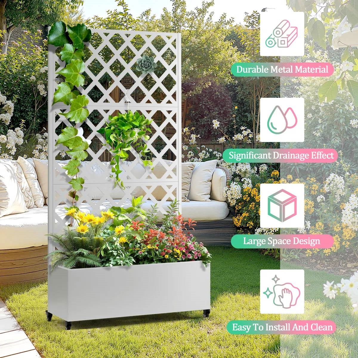 White Metal Outdoor Raised Garden Bed Planter Box with Trellis on Wheels-3
