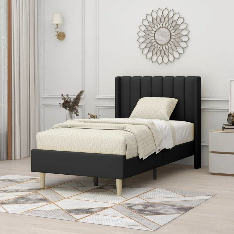 Twin size Mid-Century Black Linen Platform Bed Frame with Upholstered Headboard-0