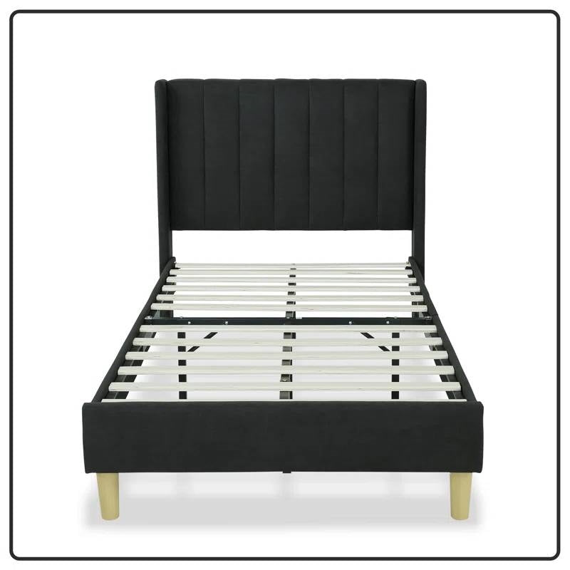 Twin size Mid-Century Black Linen Platform Bed Frame with Upholstered Headboard-2