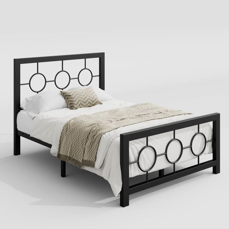 Twin Black Metal Platform Bed Frame with Circle Medallion Headboard Footboard-0