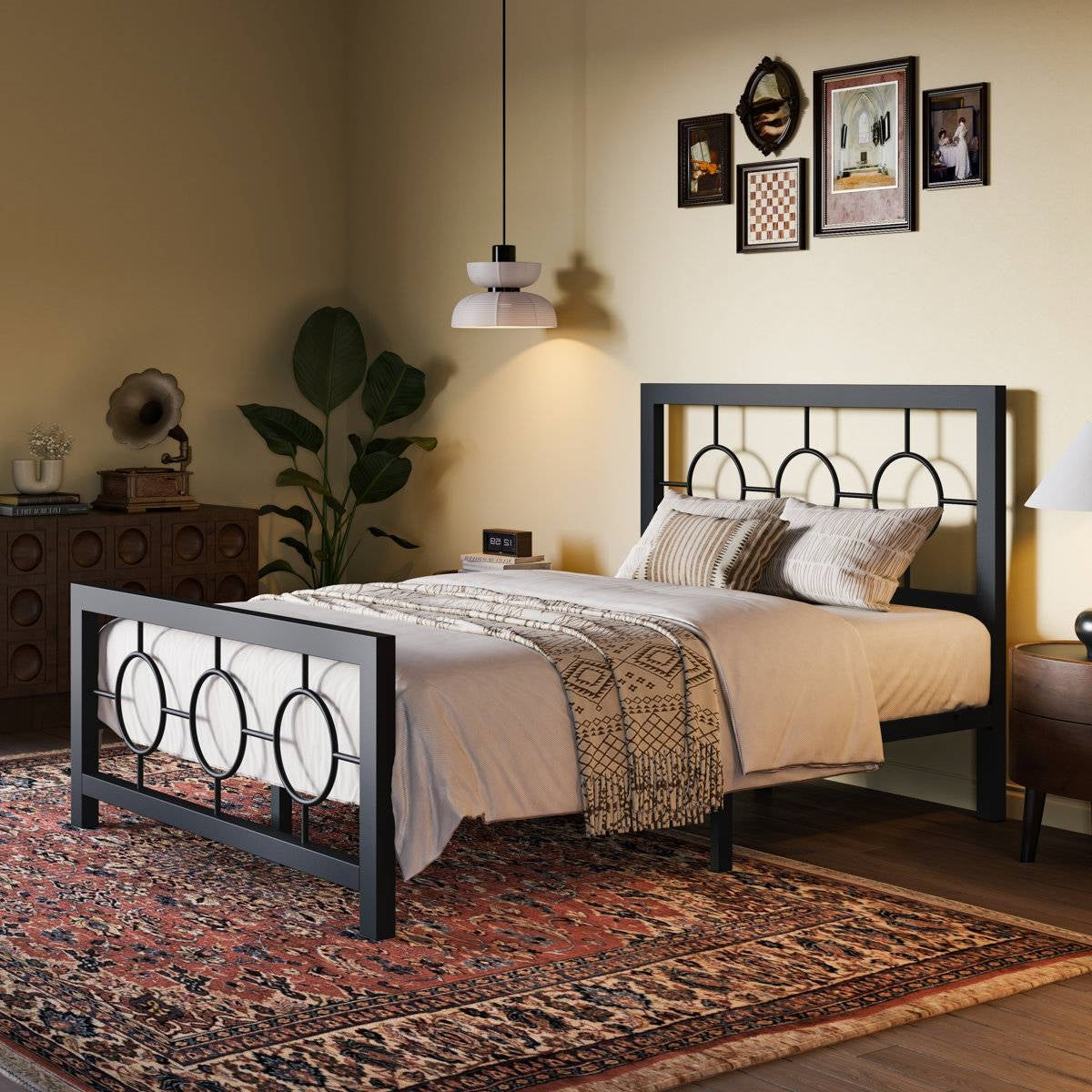 Twin Black Metal Platform Bed Frame with Circle Medallion Headboard Footboard-2