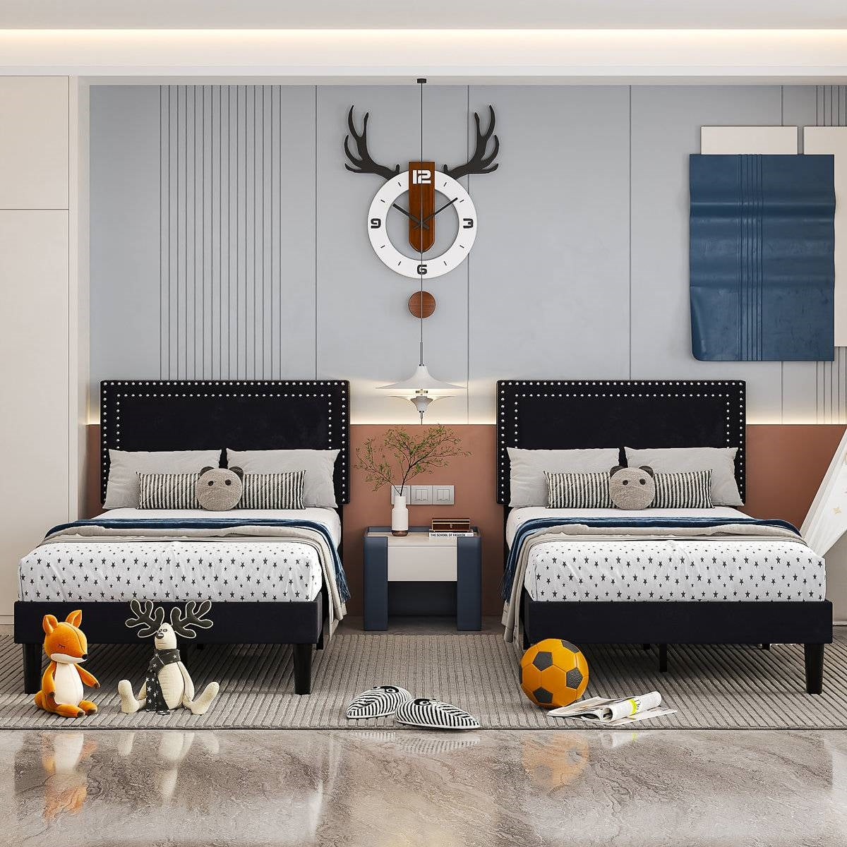 Set of 2 - Twin Dorm Style Black Tufted Upholstered Platform Bed with Headboard-1