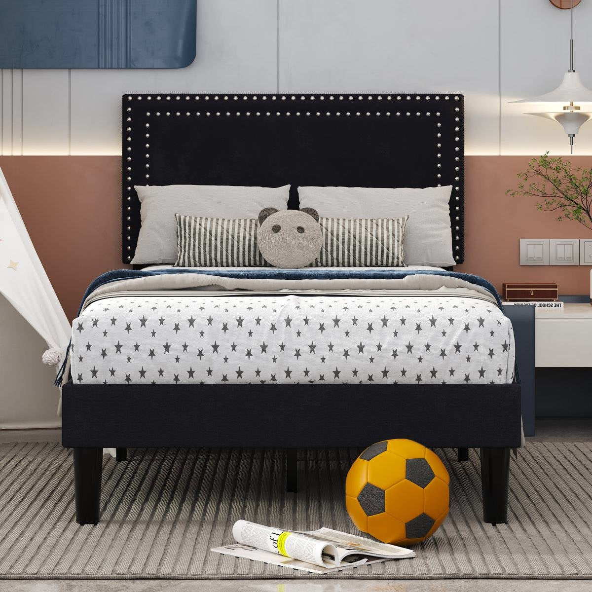 Set of 2 - Twin Dorm Style Black Tufted Upholstered Platform Bed with Headboard-2
