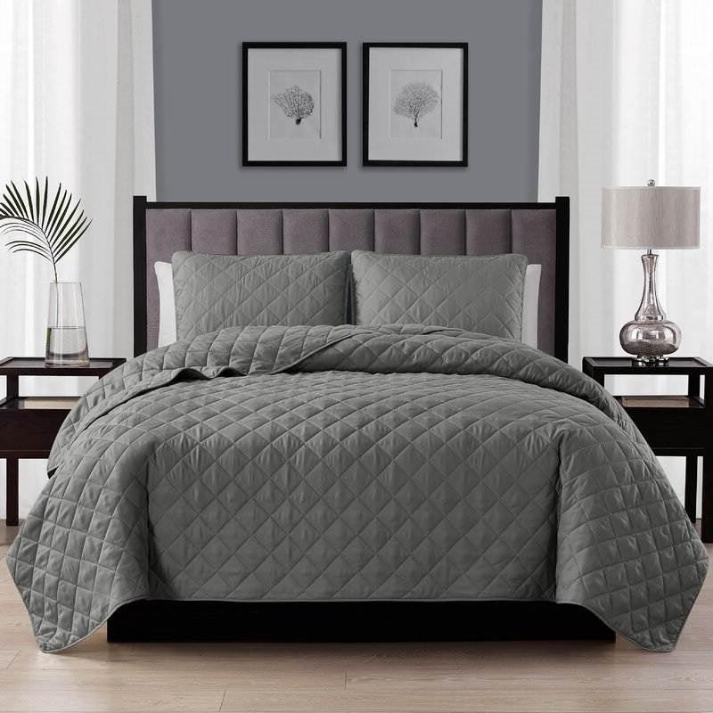 Twin/Twin XL 2-Piece Dark Grey Polyester Microfiber Diamond Quilt Set - PRHOMZ
