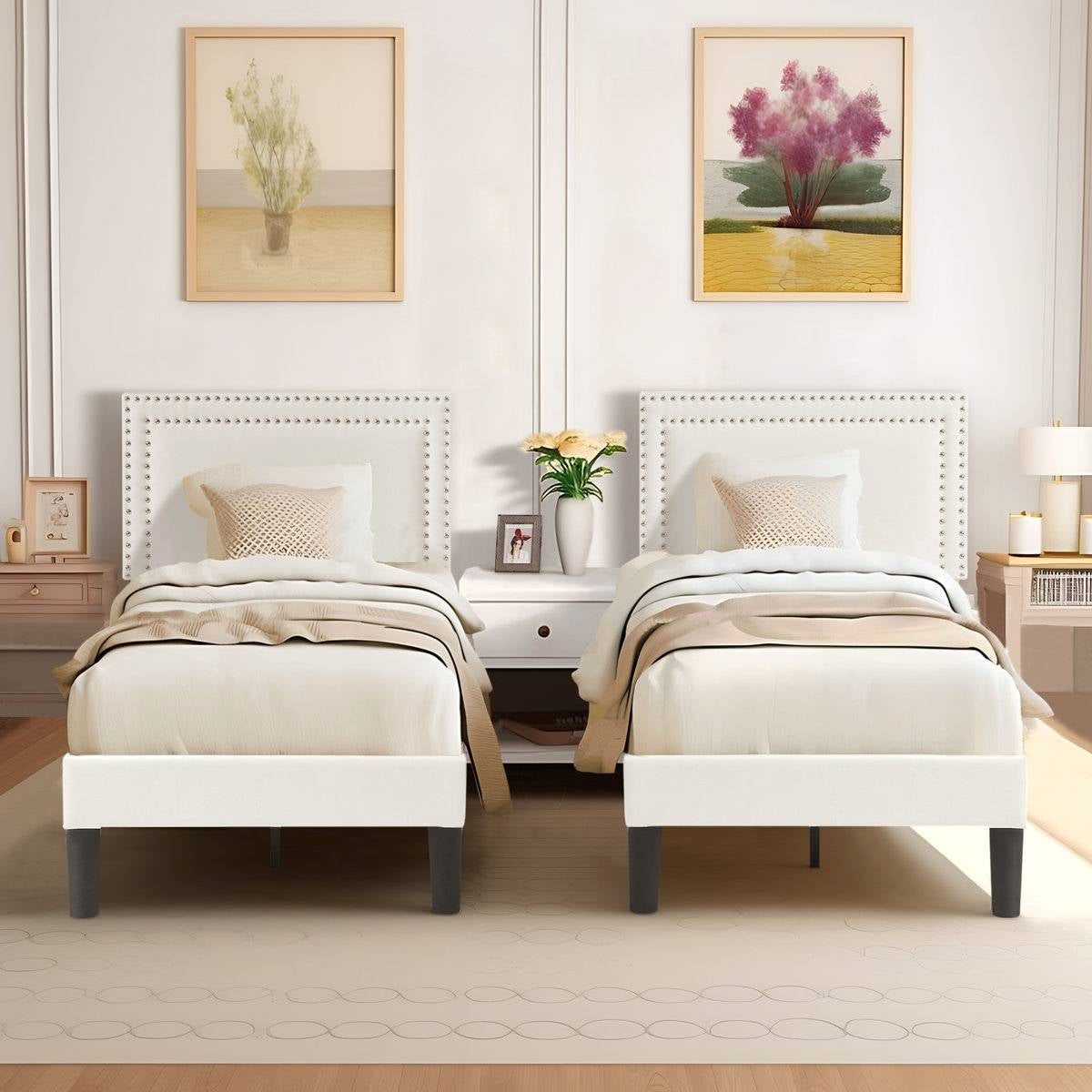Set of 2 - Twin size White Tufted Upholstered Platform Bed Frame with Headboard-0