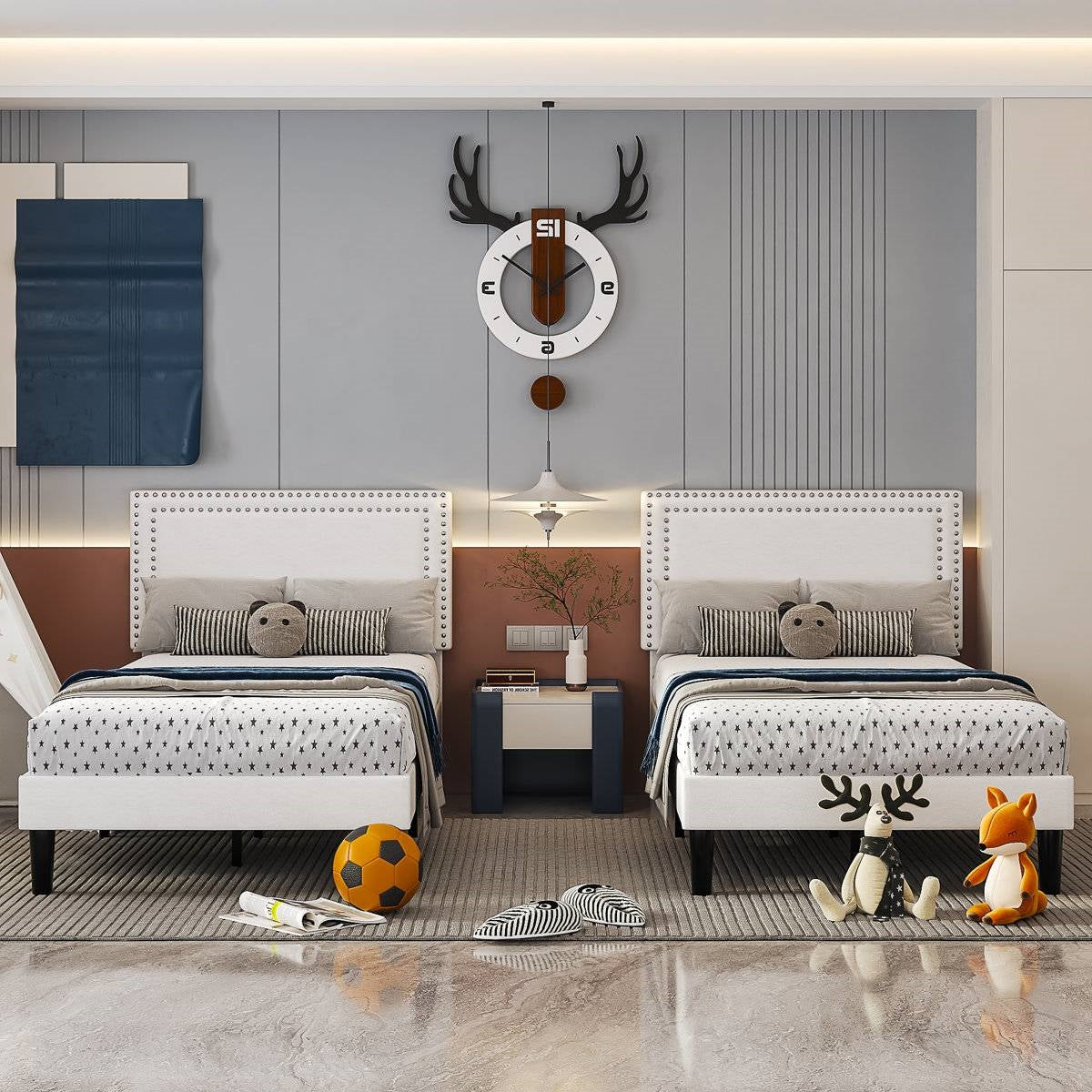 Set of 2 - Twin size White Tufted Upholstered Platform Bed Frame with Headboard-1