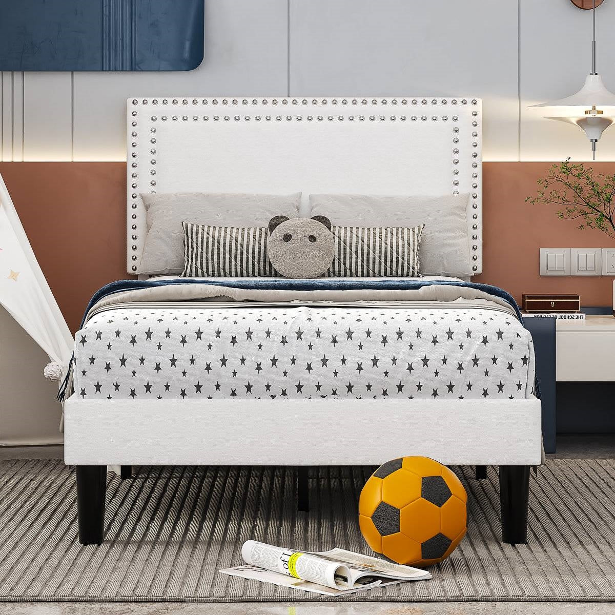 Set of 2 - Twin size White Tufted Upholstered Platform Bed Frame with Headboard-2