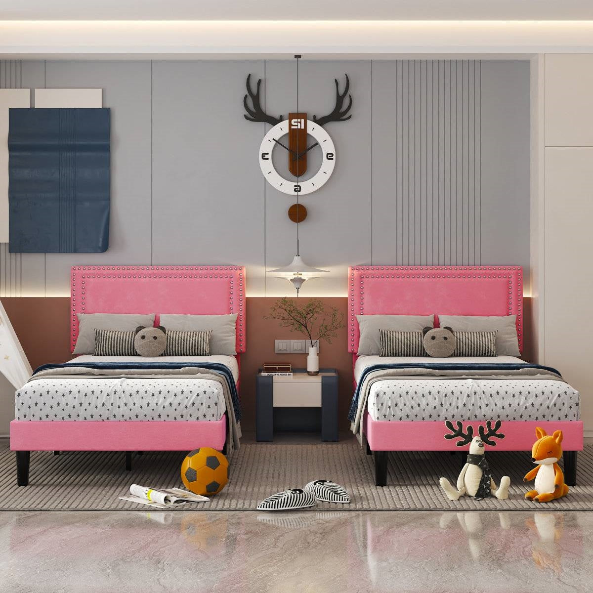 Set of 2 - Twin size Pink Upholstered Platform Bed with Nailhead Trim Headboard-1
