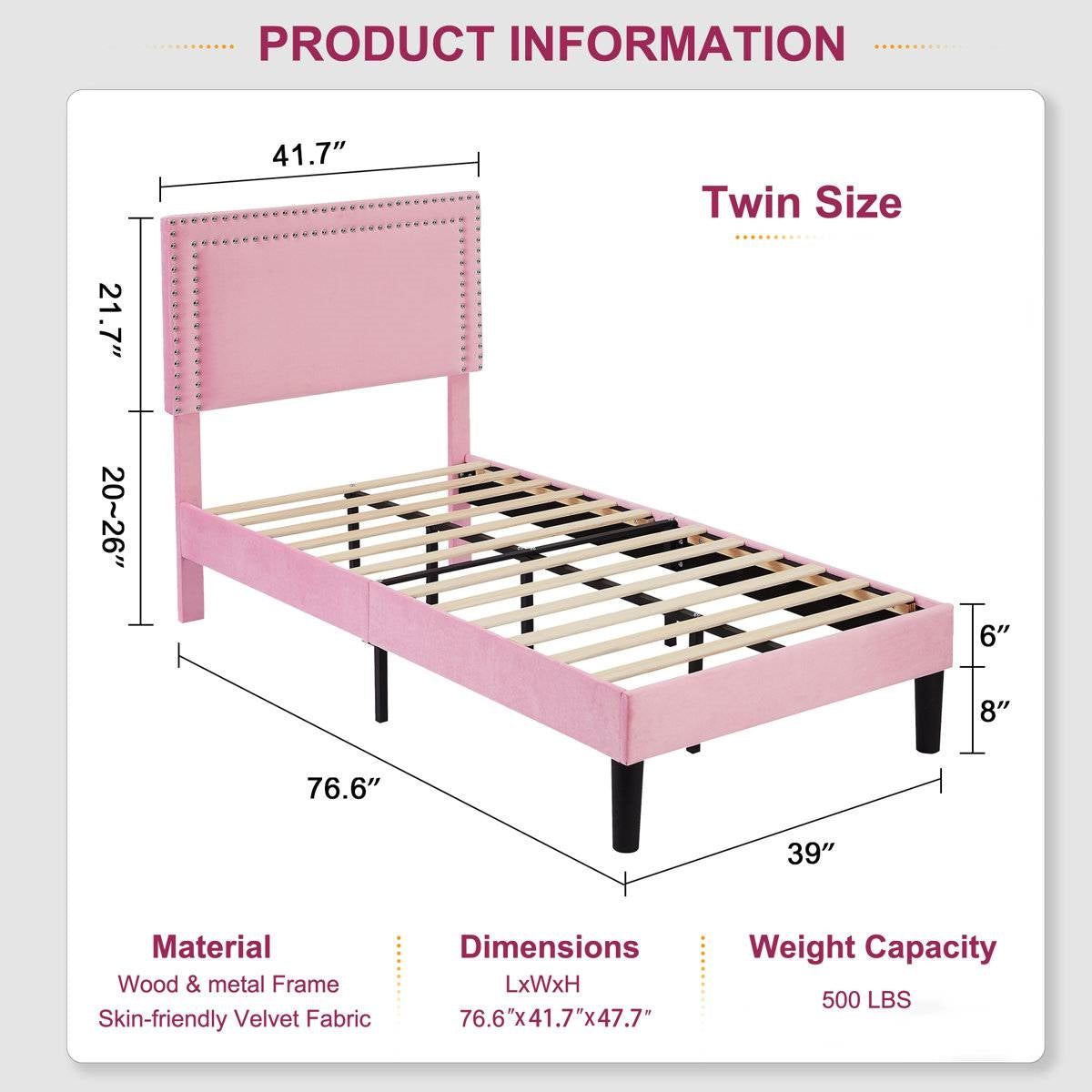 Set of 2 - Twin size Pink Upholstered Platform Bed with Nailhead Trim Headboard-4