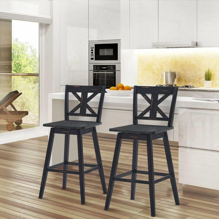 Set of 2 Black Wood 29-in Modern Kitchen Dining Farmhouse Swivel Seat Barstools - PRHOMZ