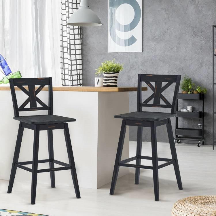 Set of 2 Black Wood 29-in Modern Kitchen Dining Farmhouse Swivel Seat Barstools - PRHOMZ