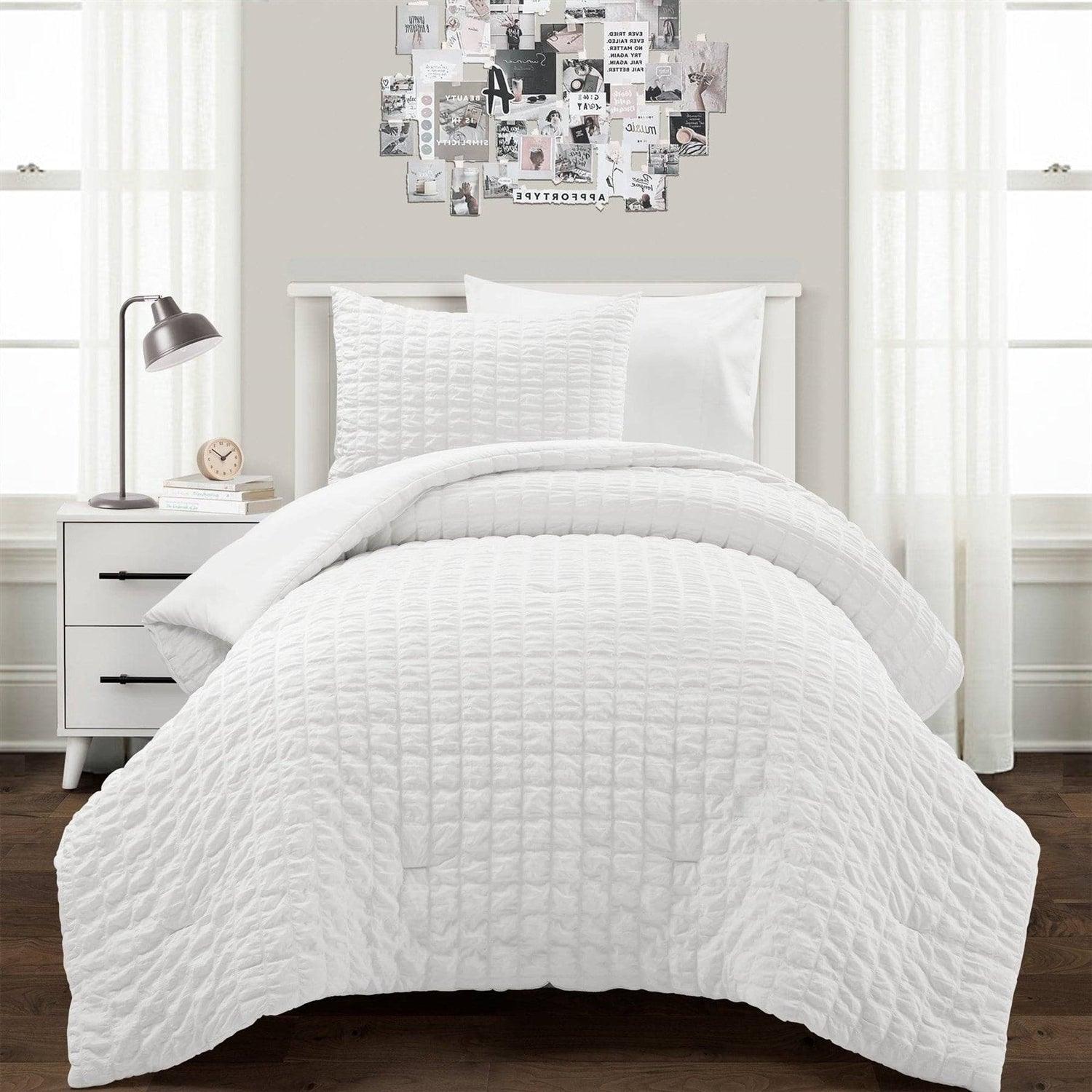 Twin/XL Size Microfiber Crinkled Texture 2 Piece Comforter Set White - PRHOMZ