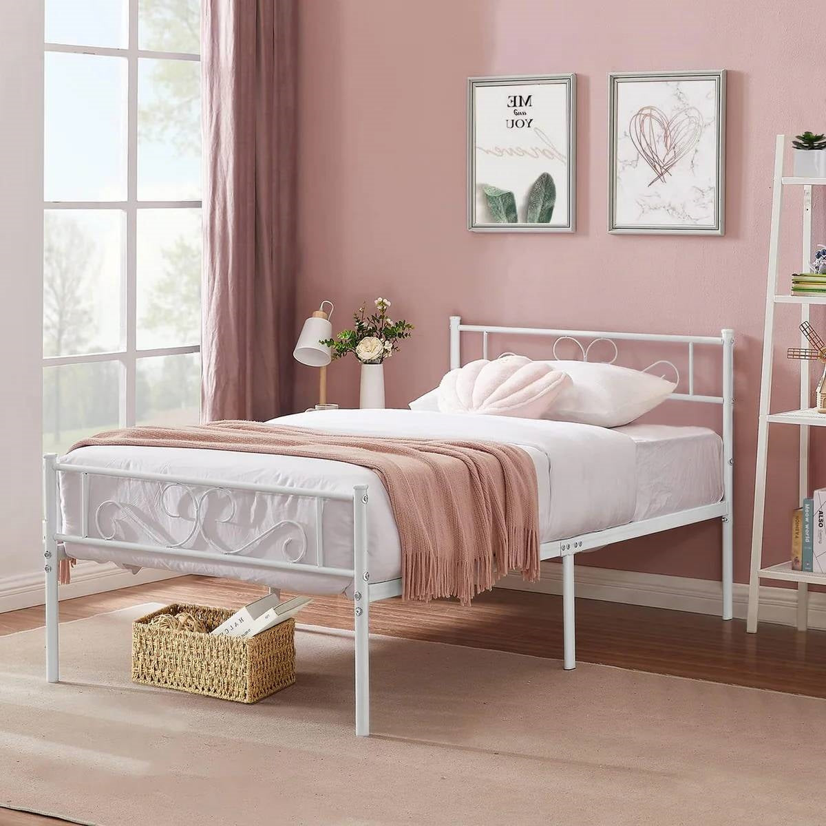 Twin size White Metal Platform Bed Frame with Headboard and Footboard-2