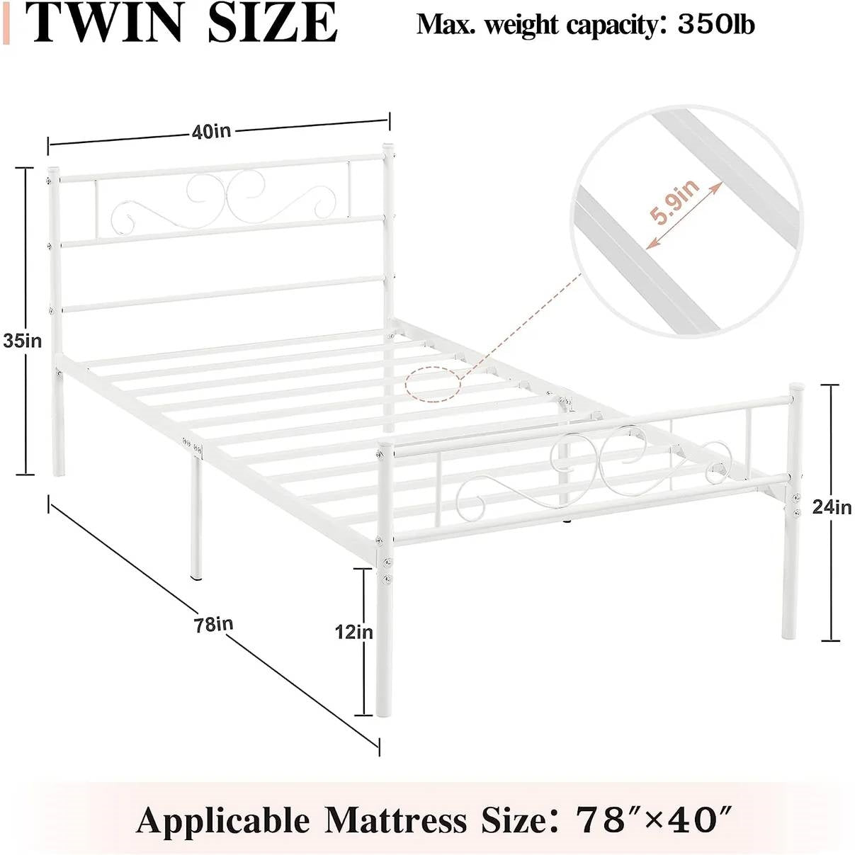 Twin size White Metal Platform Bed Frame with Headboard and Footboard-4