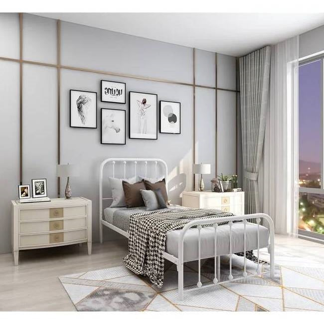 Twin White Metal Bed Frame with Slatted Rounded Corners Headboard and Footboard