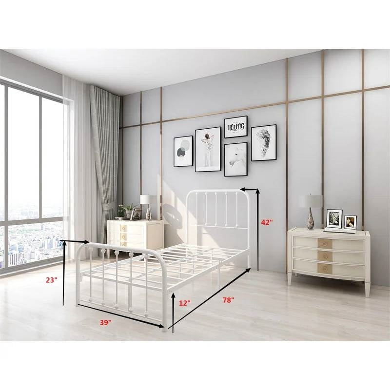 Twin White Metal Bed Frame with Slatted Rounded Corners Headboard and Footboard-3