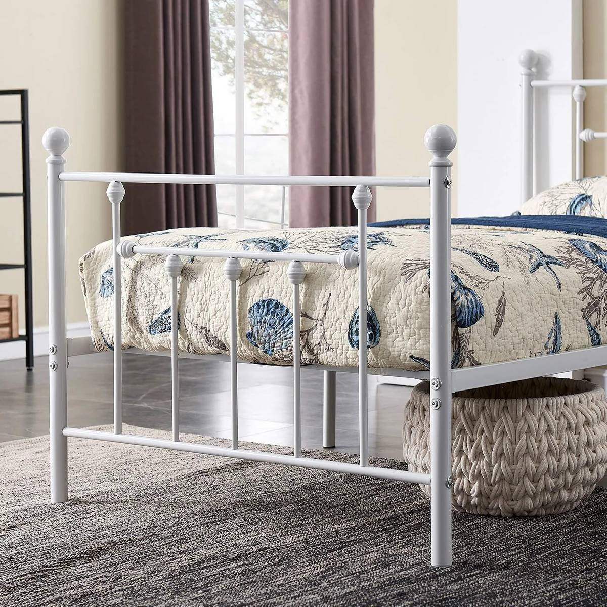 Twin Victorian Style White Metal Platform Bed Frame with Headboard Footboard-3