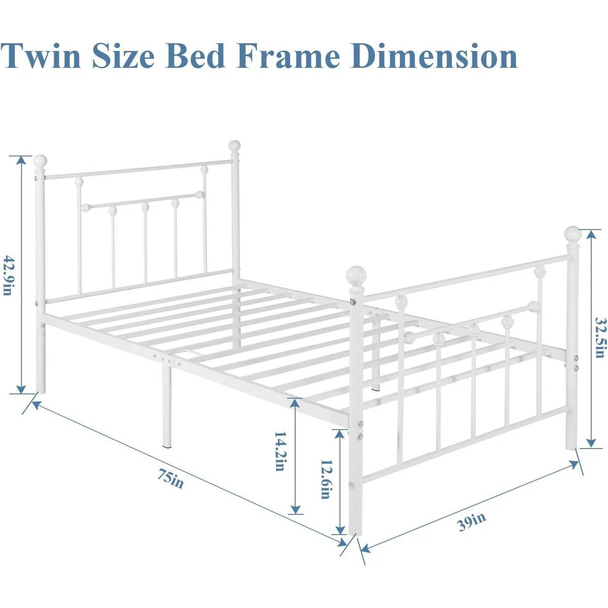 Twin Victorian Style White Metal Platform Bed Frame with Headboard Footboard-4