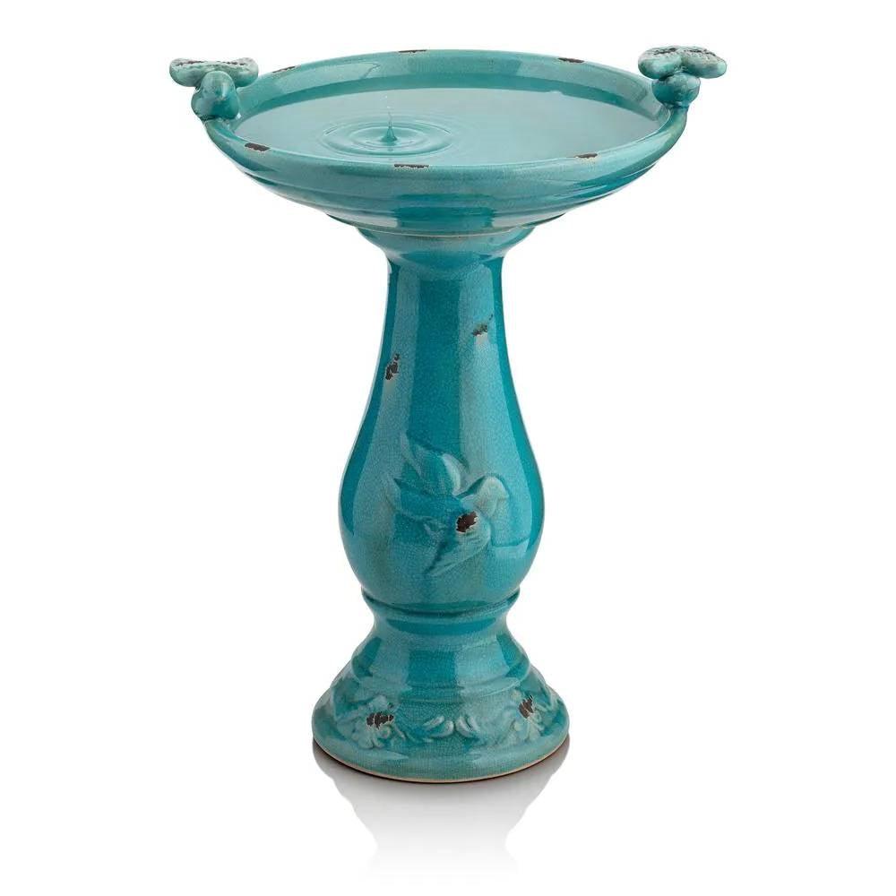 Outdoor Turquoise Blue Ceramic Birdbath - PRHOMZ